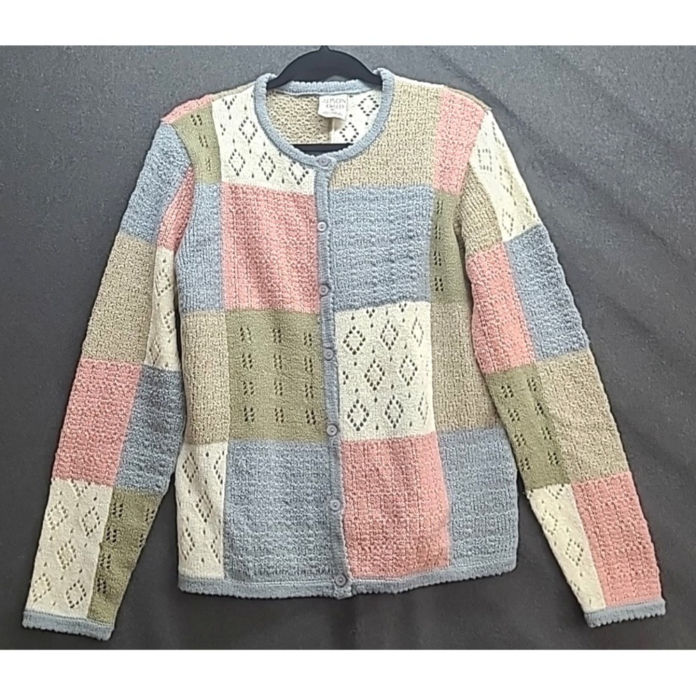 Vtg Allison Daley Crocheted Patchwork Cottagecore‎ Cardigan Sweater Office